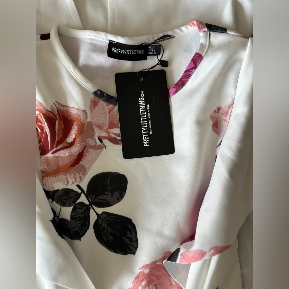 Prettylittlething White Floral Print Frill Detail Midi Dress - Picture 11 of 11